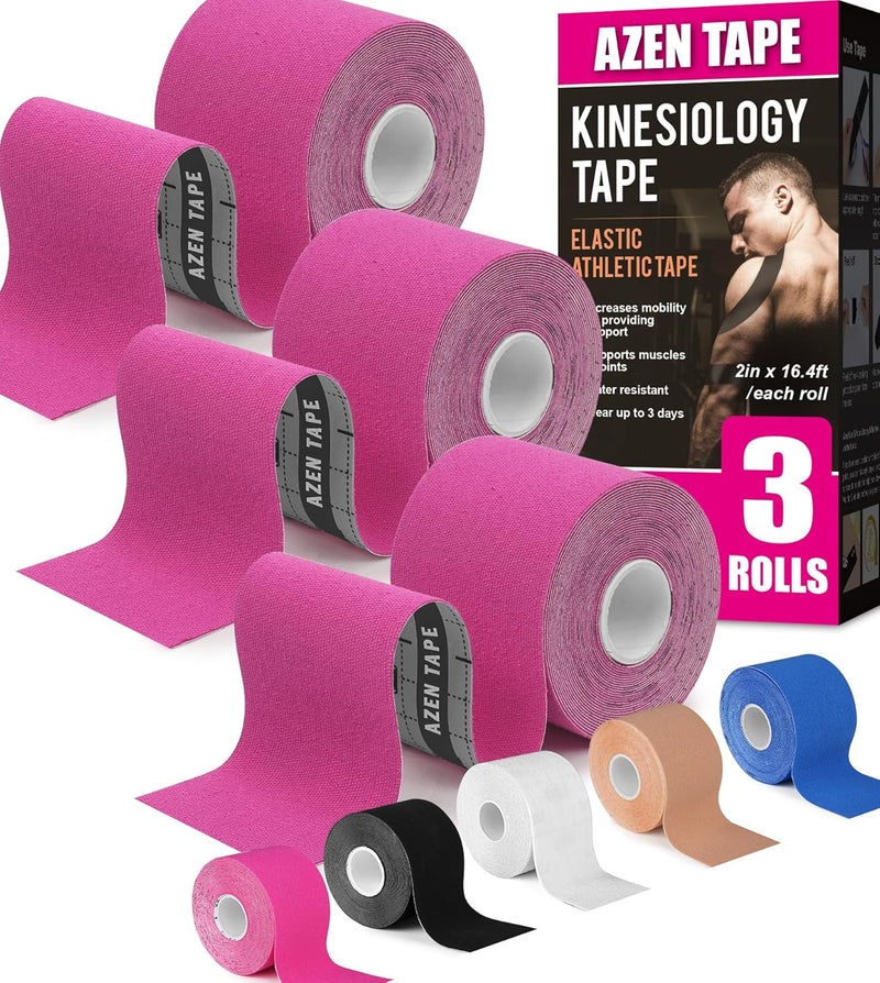 AZEN 3 Rolls Kinesiology Tape, 16.4 ft Waterproof Kinetic Tape for Joints Support and Muscle Pain Relief, Uncut Muscle Tape, Knee Tape, Athletic Tape, Pink - Image 1